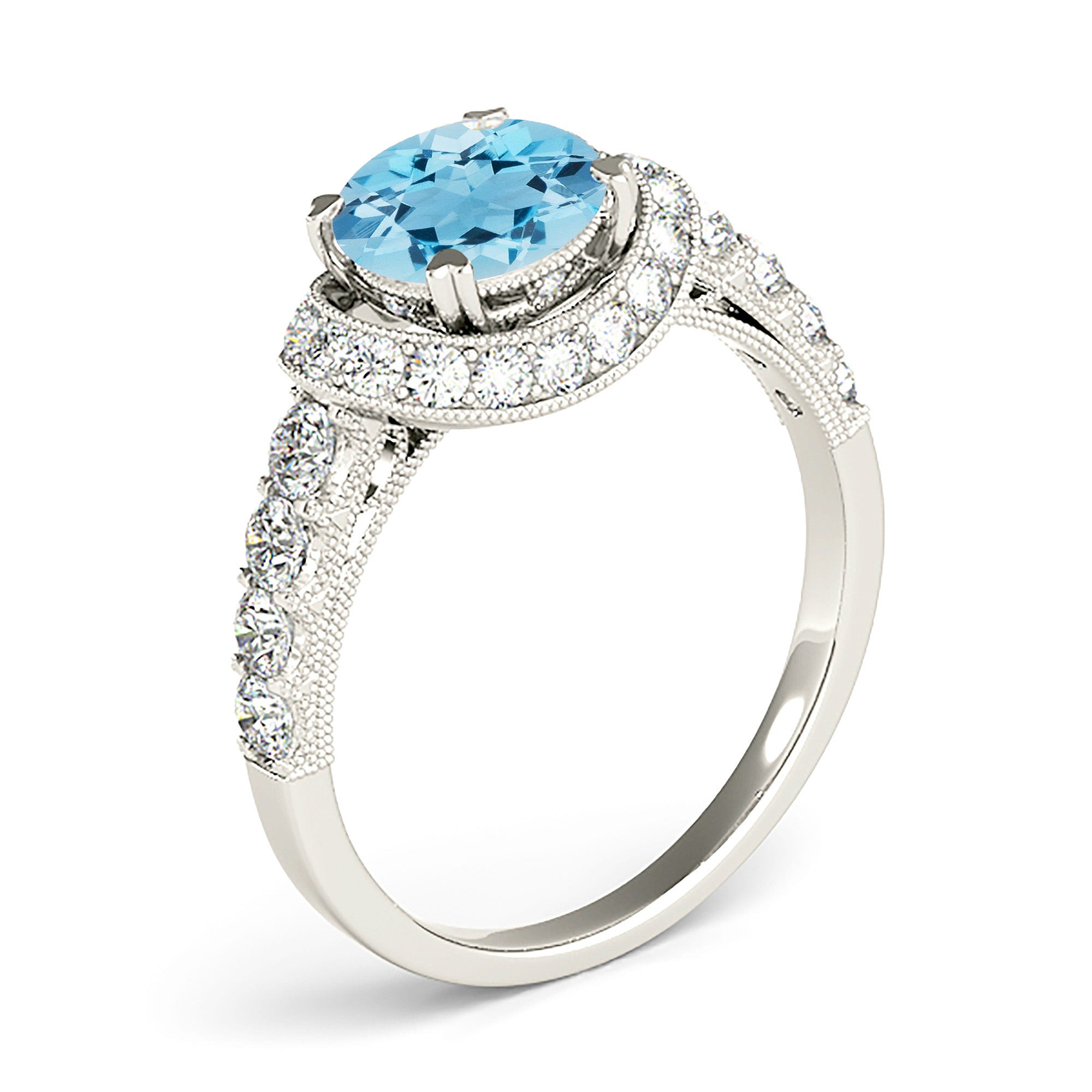 1.10 ct. Genuine Aquamarine Ring With 0.70 ctw. Diamond East-West Oval Halo, MIlgrain Design Diamond Band | Round Blue Aquamarine Halo Ring-VIRABYANI